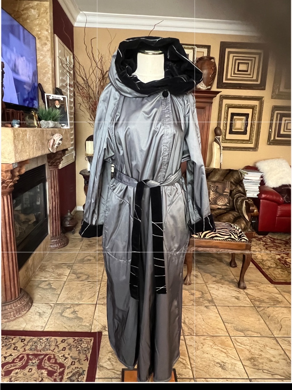 Mycra Pac Silver Long Rain Coat with Hood Black Reversible